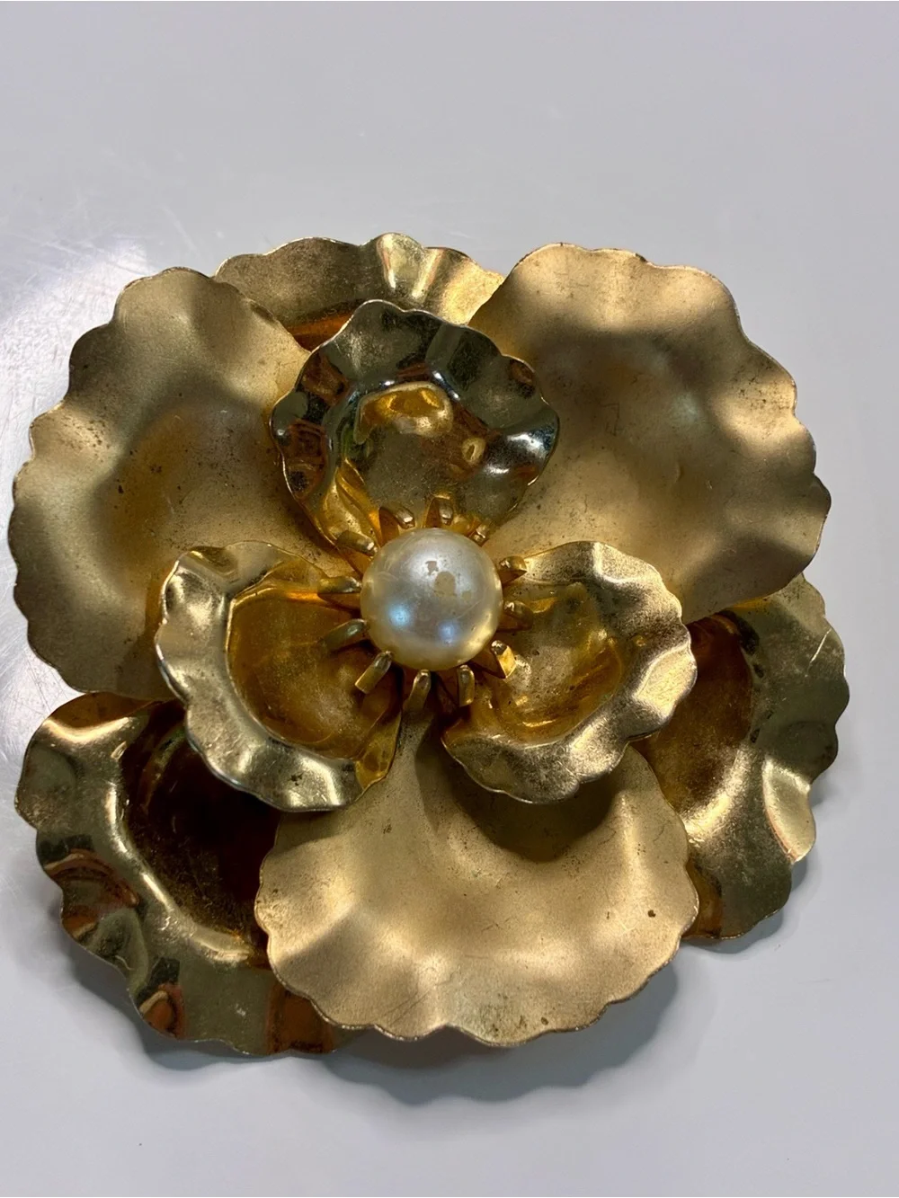 Brushed Gold Flower Brooch with Pearl Center Multi Dimensional Lightweight